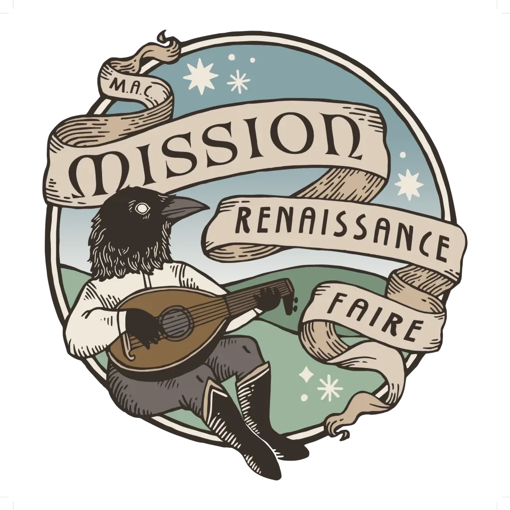 Illustration of a bird with a human body playing a guitar, surrounded by a banner with the words "Mission Renaissance Faire" and a scenic background of stars and hills.