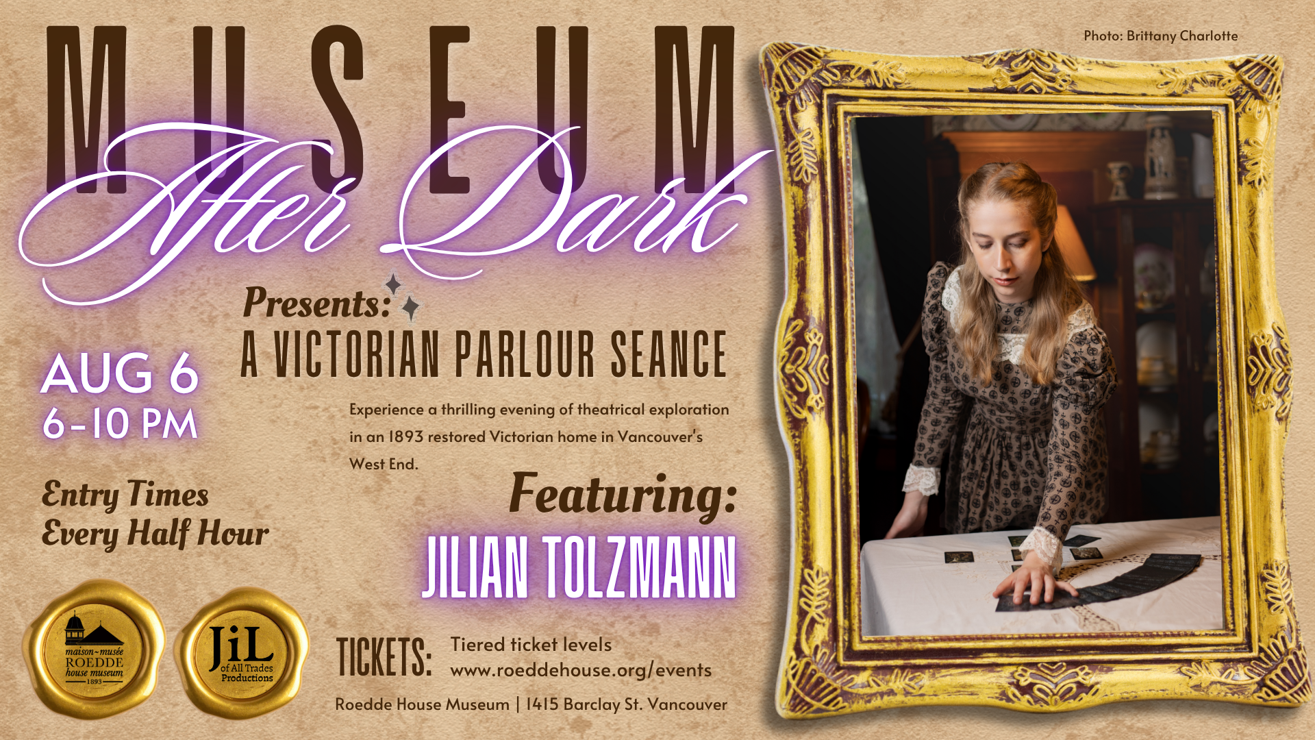Event poster for 'MUSEUM After Dark,' featuring a young woman in Victorian clothing playing a card game at a table inside a Victorian-style home, with decorative gold framing around a photograph of her. The poster provides event details, including date, time, location, and ticket information.