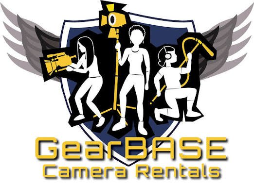Illustration of three characters in a gear-themed design, with the text 'GearBASE Camera Rentals' below.