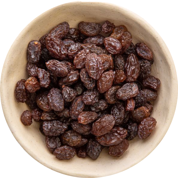 Raisins in a beige bowl.