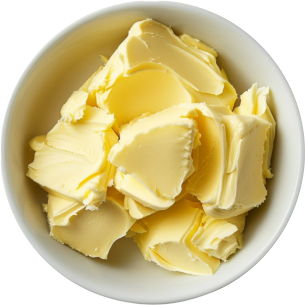 A white bowl filled with chunks of yellow butter.