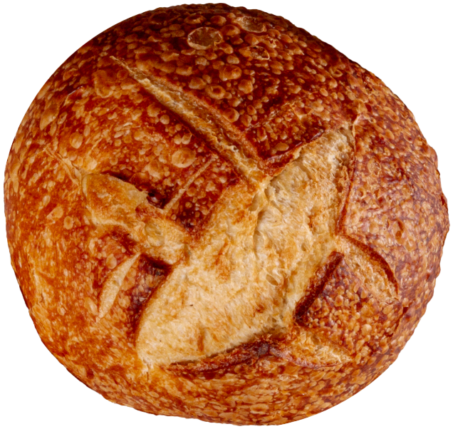 A round loaf of bread with a decorative scoring pattern on top, golden brown in color.