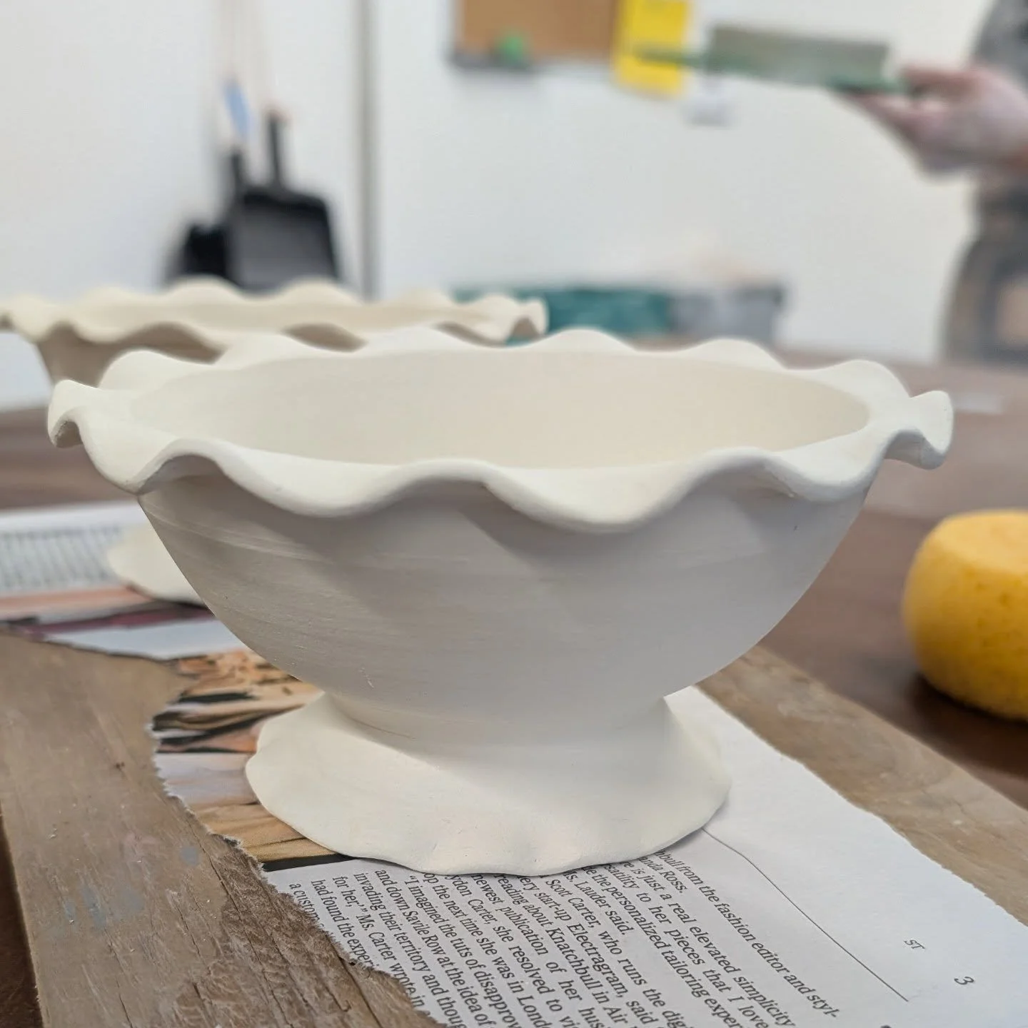 Wednesday WIP - Wavy ice cream bowl

I don't have any photos of making this bowl but here are the steps:

1. I threw the bowl and altered the rim while it was still fairly wet.
2. Then I let the bowl dry to a soft leather hard and trimmed the bottom 