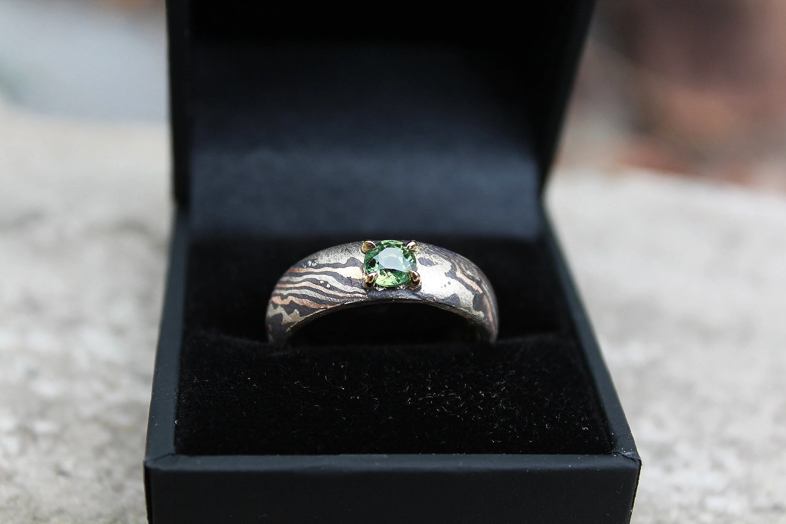 Green Sapphire Mokume Gane 14ct gold and silver mens wedding ring