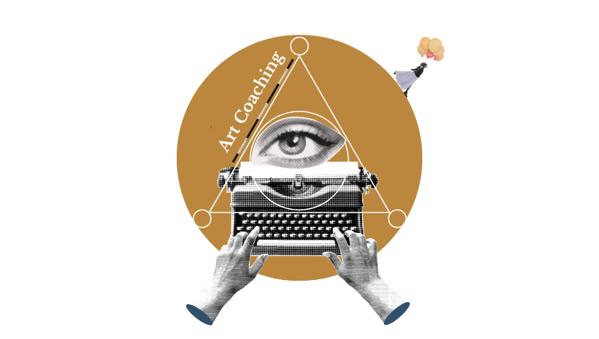 Collage con macchina da scrivere, occhio e mani che rappresenta l’Art Coaching di Romina Felici.