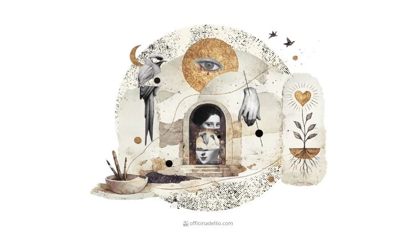 Collage con due figure femminili, mani, colori e materiali artistici.