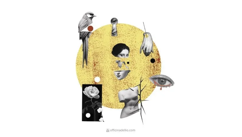 Collage simbolico con frammenti di volto, mani, occhio e natura che rappresentano L’Officina dell’Io come spazio interiore di trasformazione e art coaching.