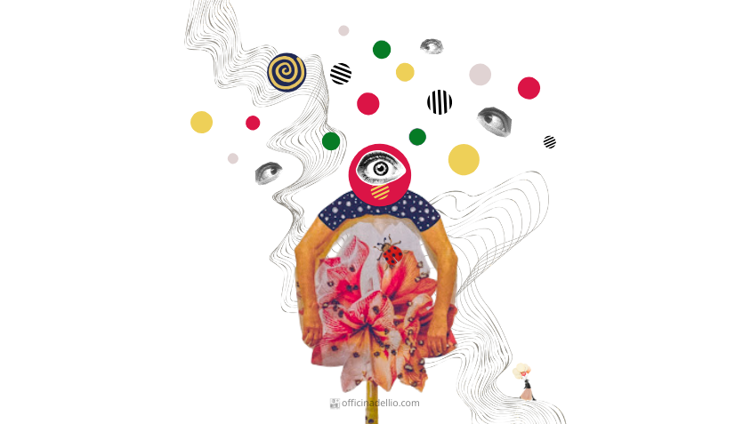 Collage artistico simbolico che rappresenta la trasformazione creativa: una figura composta da ritagli, un fiore centrale e un occhio come segno di consapevolezza, in dialogo tra arte e coaching.