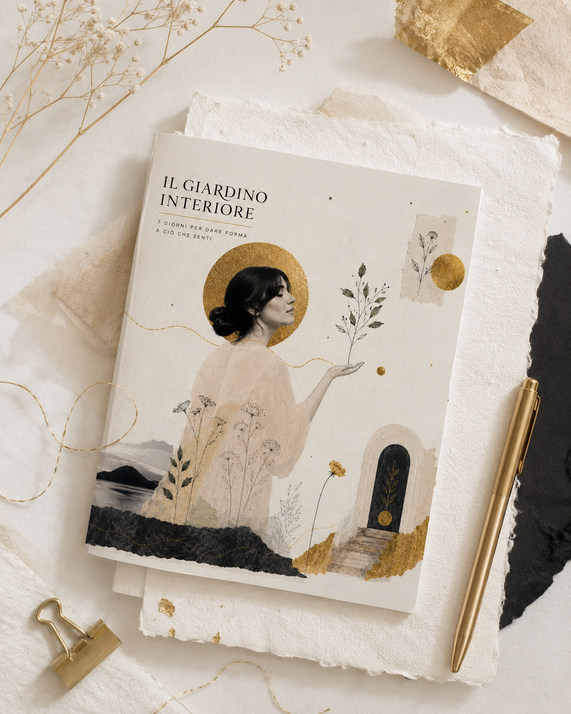 Mockup del workbook stampabile Il Giardino Interiore, con copertina, pagine interne, penna e dettagli botanici su sfondo chiaro.