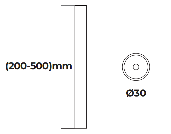 Çapı 30 mm olan bir dairesel delik ve 200-500 mm kalınlığında bir dikdörtgen çerçeve. Düz çizgiler ve ölçüleriyle teknik çizim.