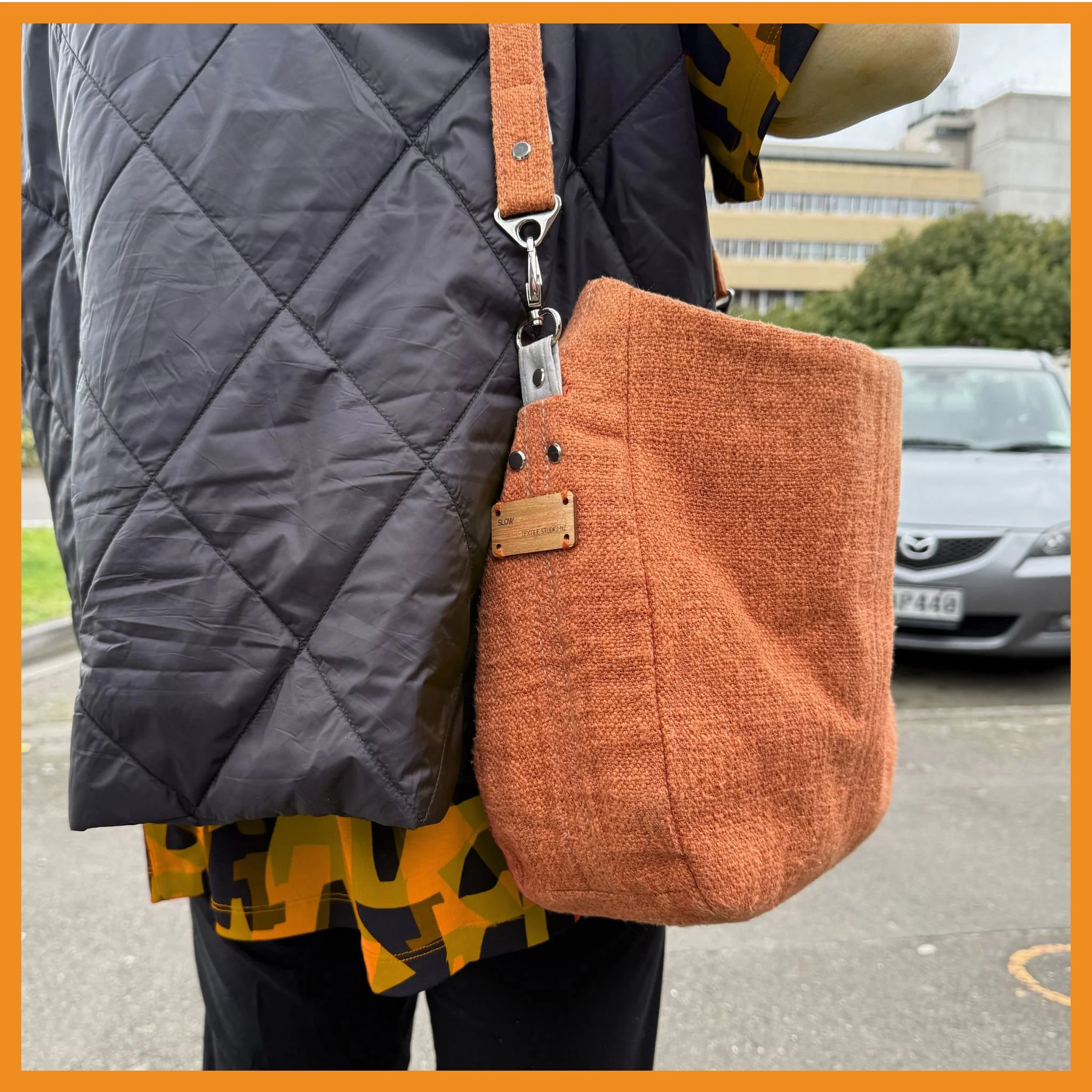 It's always fun to spot your work out in the wild! 

This handwoven bag is from my exhibition back in March. I get asked about them A LOT but I don't have any plans to make any more - for now anyway, but I really do love seeing them being worn out an