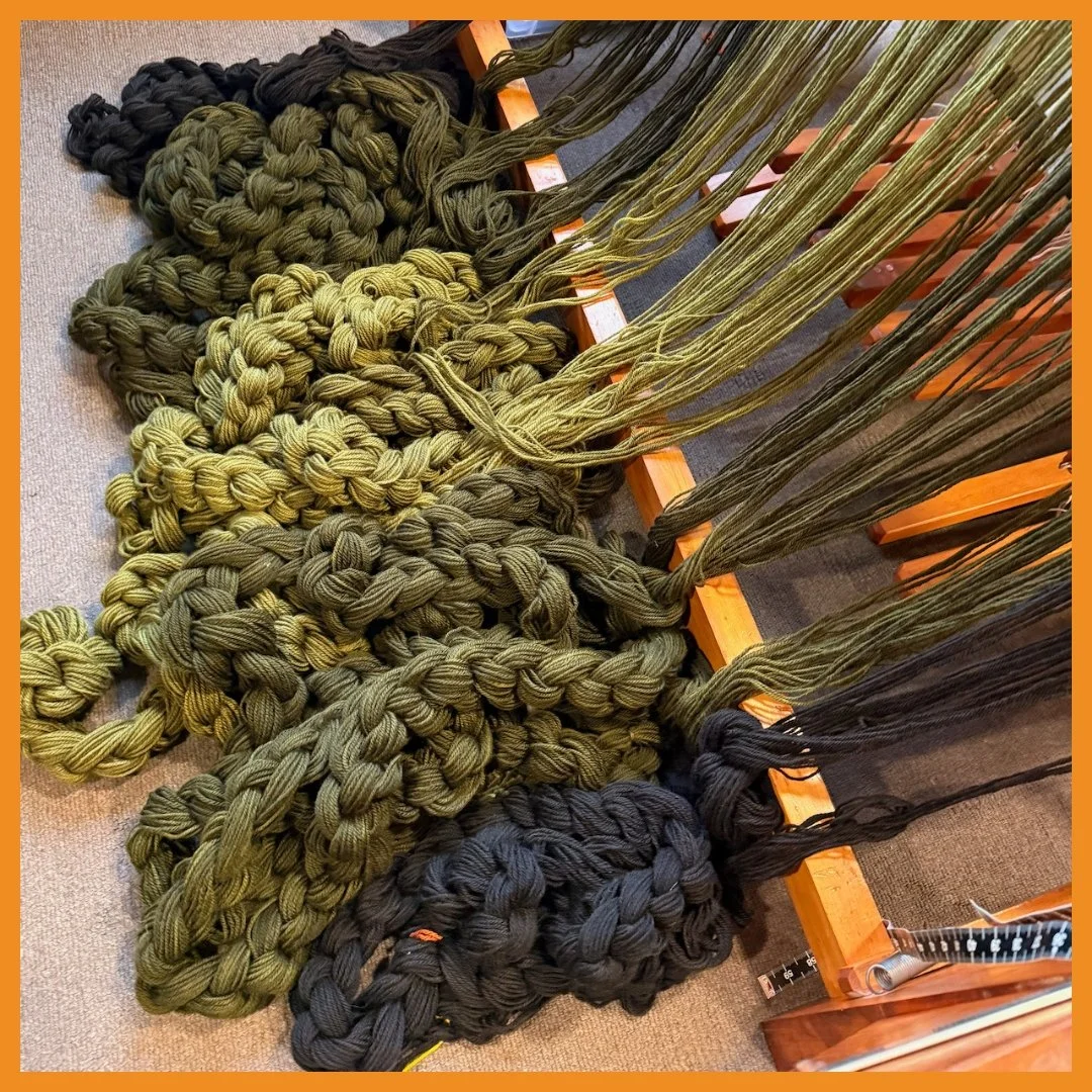 A warp always looks beautiful sitting in chains ready to be wound onto the loom.  This one is 12 meters, or five throw blankets worth. 

It's been a minute since I've woven any blankets, I'm looking forward to being back at my big Nitschke loom 🧡

 
