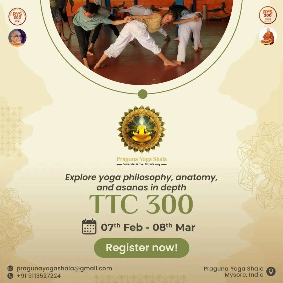 Step into the transformative journey of TTC 300 at Praguna Yoga Shala! Join us from 7th Feb to 8th Mar for an immersive experience in yoga training, spirituality, and growth. Limited spots available &ndash; register now and secure your place on the m