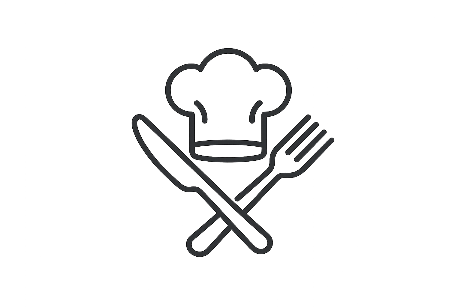 Outline of a chef's hat, a knife, and a fork arranged in a circle, representing culinary or cooking theme.
