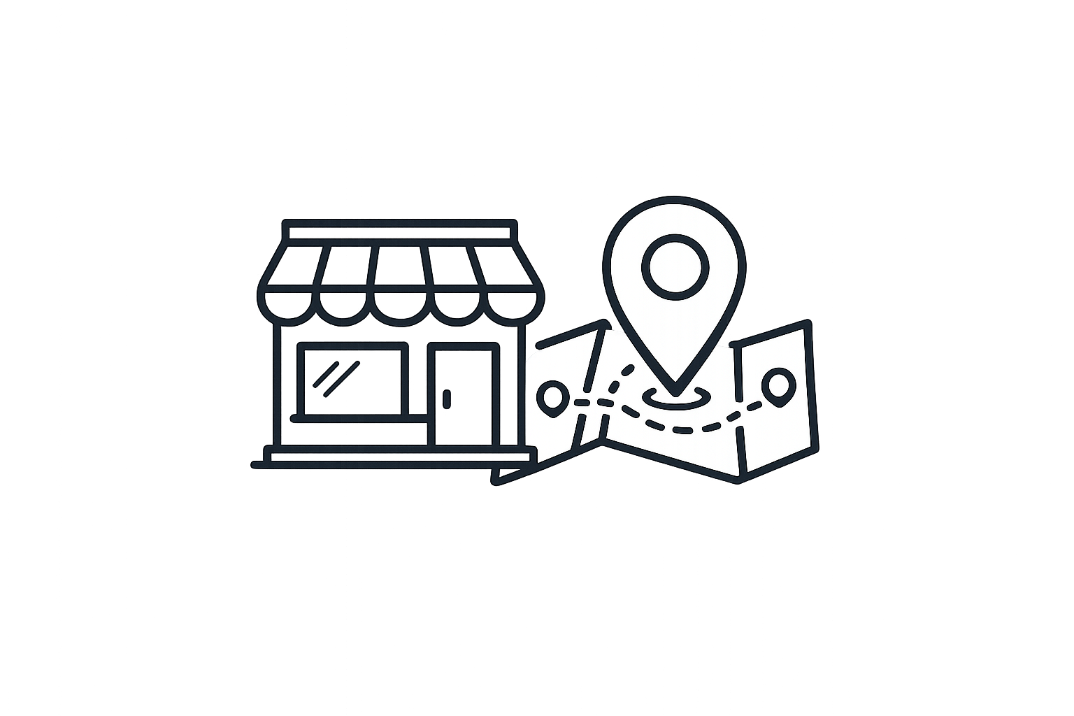 Graphics depicting a storefront, a location pin, and a map with a route, symbolizing shopping, navigation, and directions.