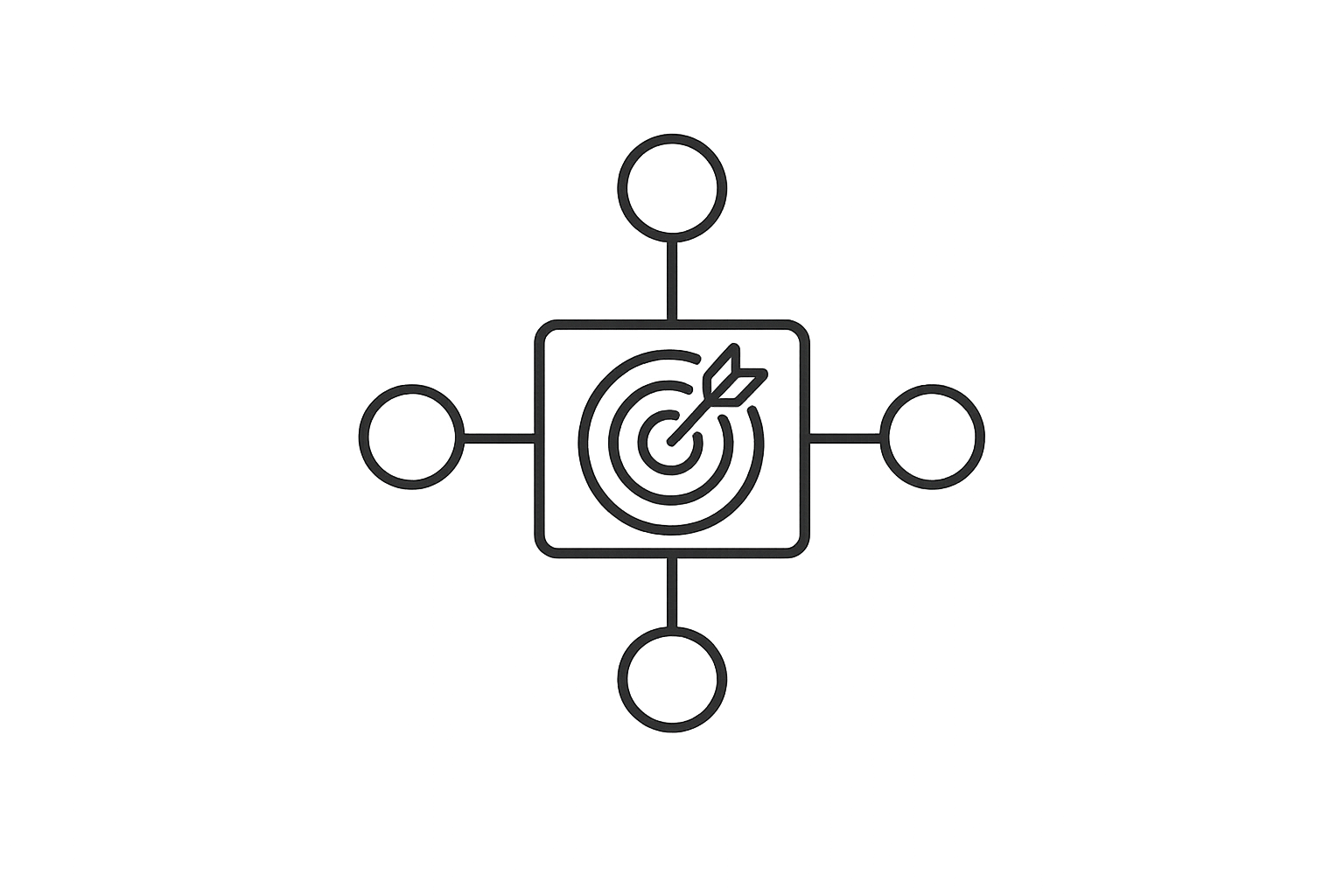 Line drawing of a central icon with a target and dart in, surrounded by four empty circles connected by lines.