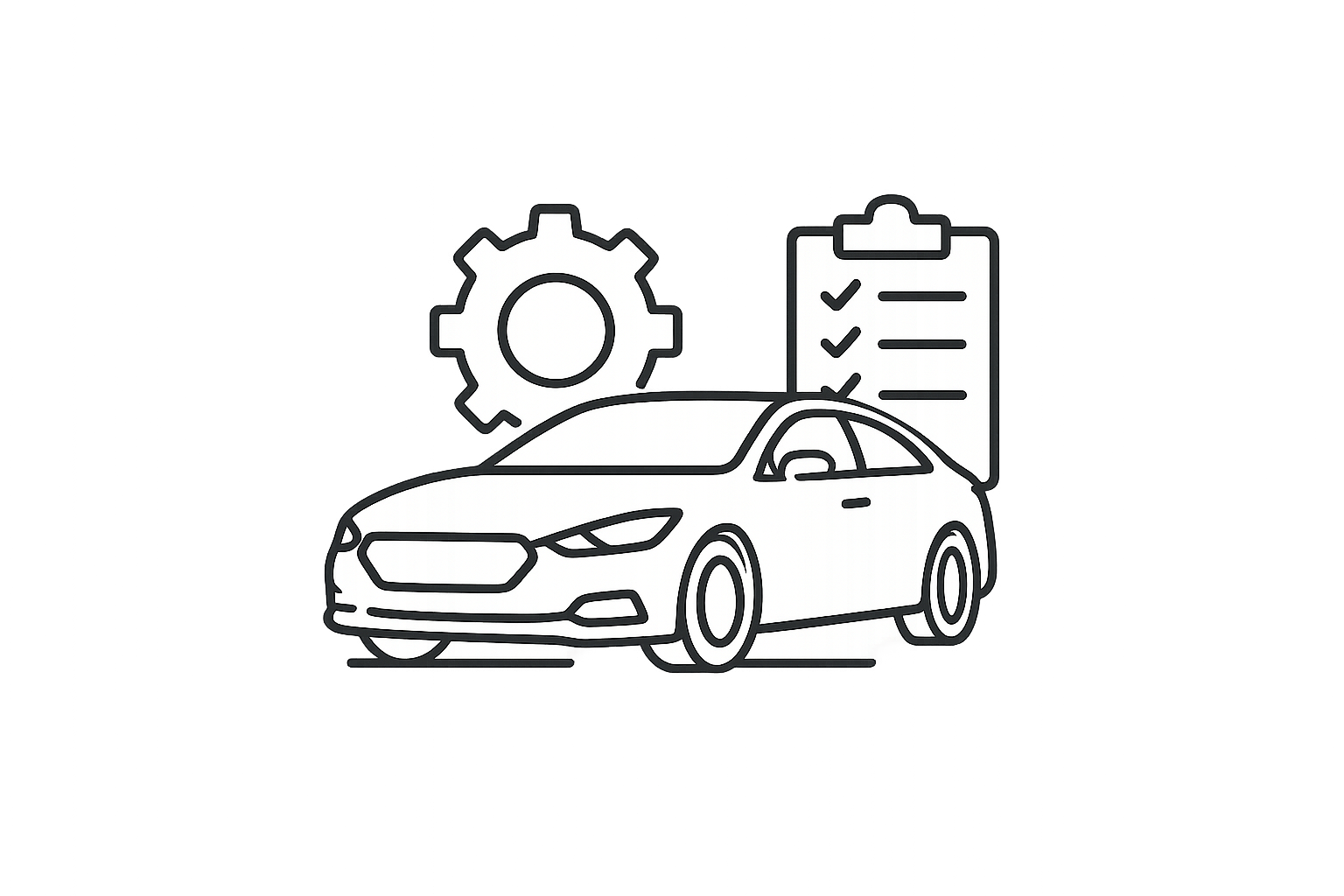 Outline drawing of a car with a gear and a clipboard with checkmarks behind it, symbolizing car maintenance or inspection.
