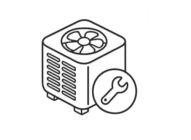 A line drawing of an air conditioning unit with a wrench icon in front.