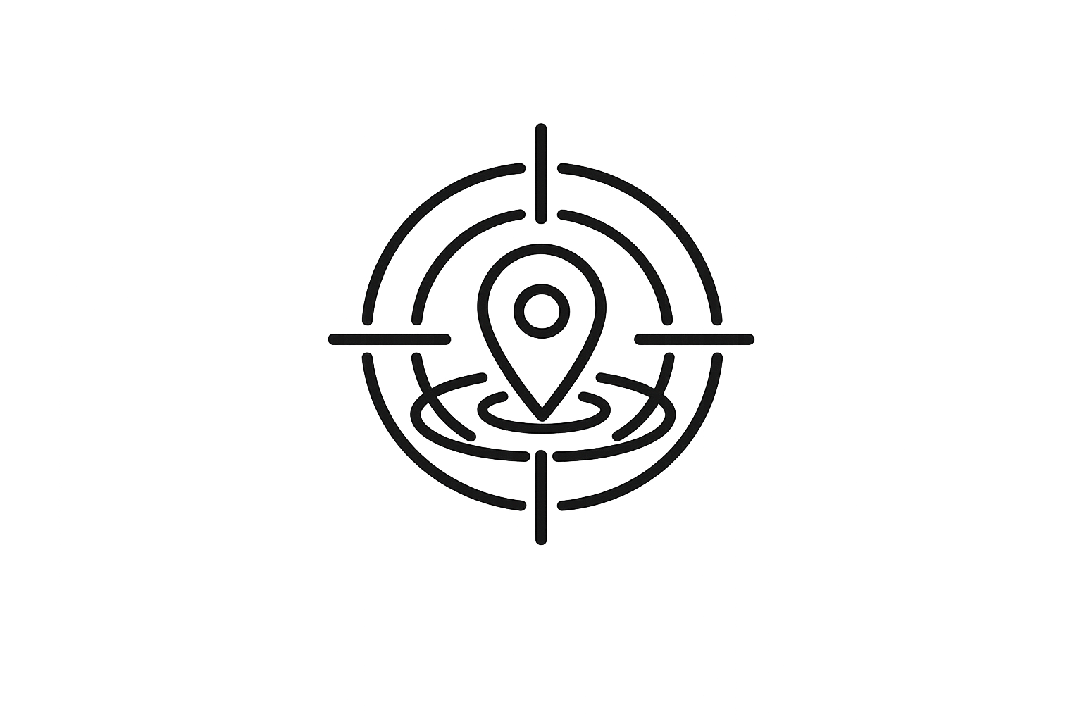 Outline of a map pin inside a circular crosshair target symbol.