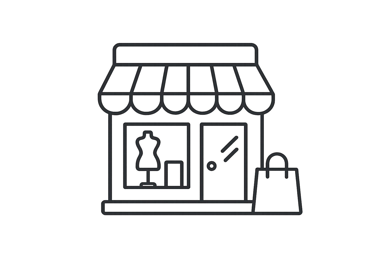 Outline drawing of a small retail shop with an awning, window display featuring a mannequin, and a door. There is also a shopping bag placed outside the shop.