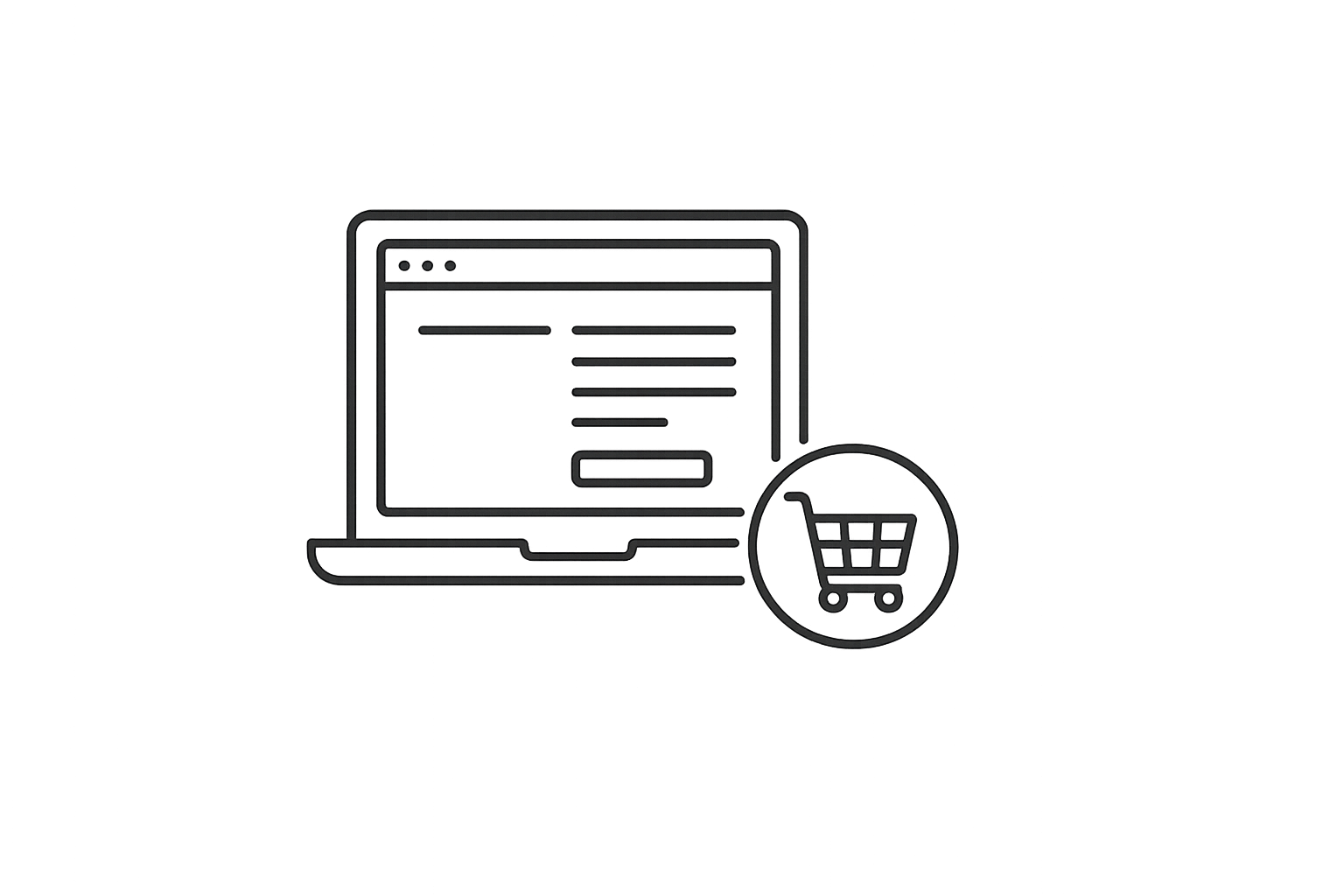 Digital illustration of a laptop with a web page open and a shopping cart icon.