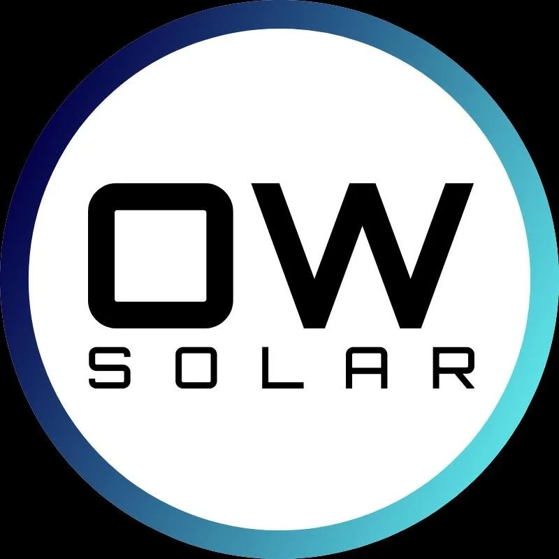 OW Solar logo with black text on a white background and a blue and black circular border.