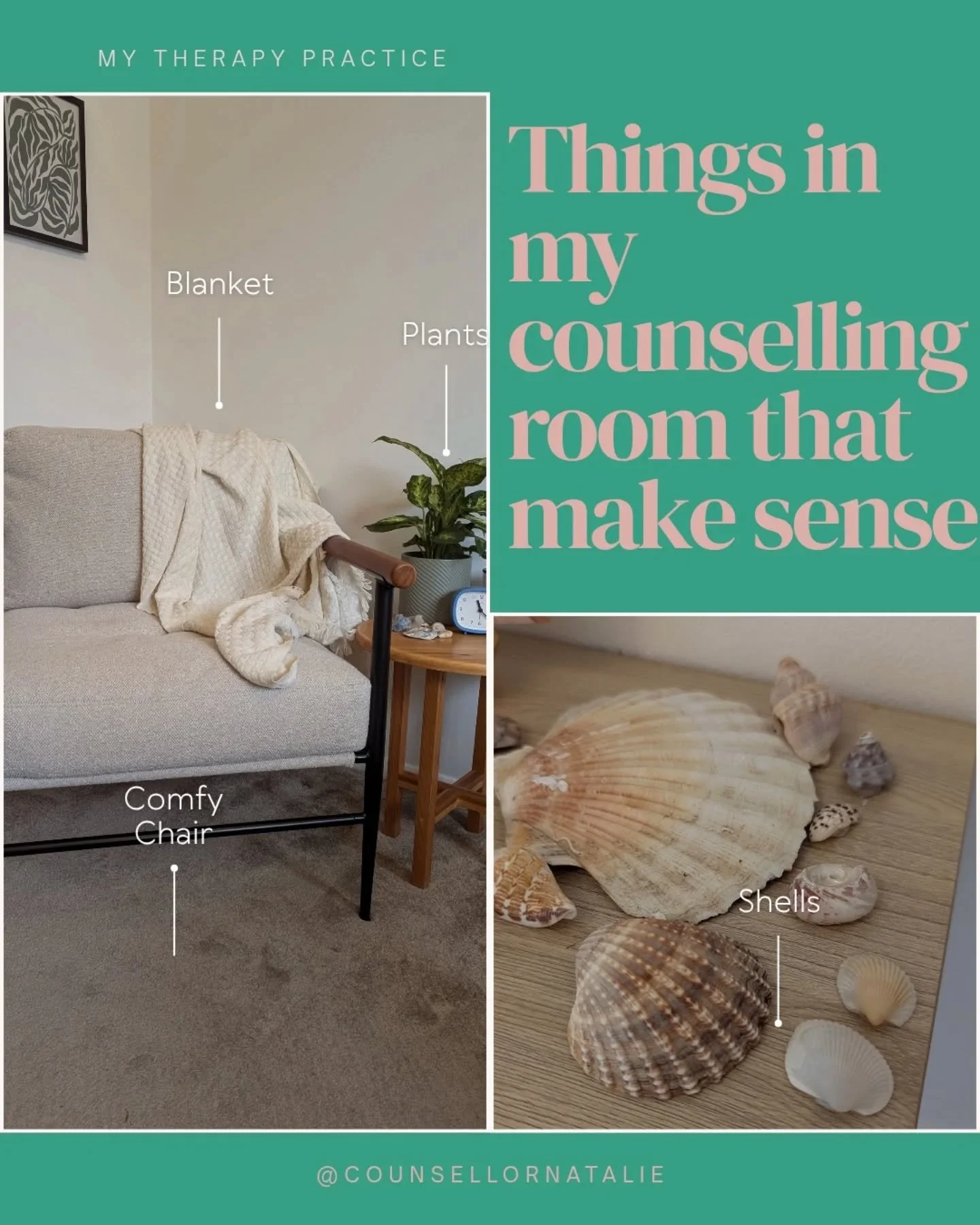 I love my counselling space. It feels calm, inviting and safe. It's full of plants, shells and candles! My chairs are also very comfy for you to curl up in. Having this space is so special to me and my clients ❤️

If you think you can see yourself ha