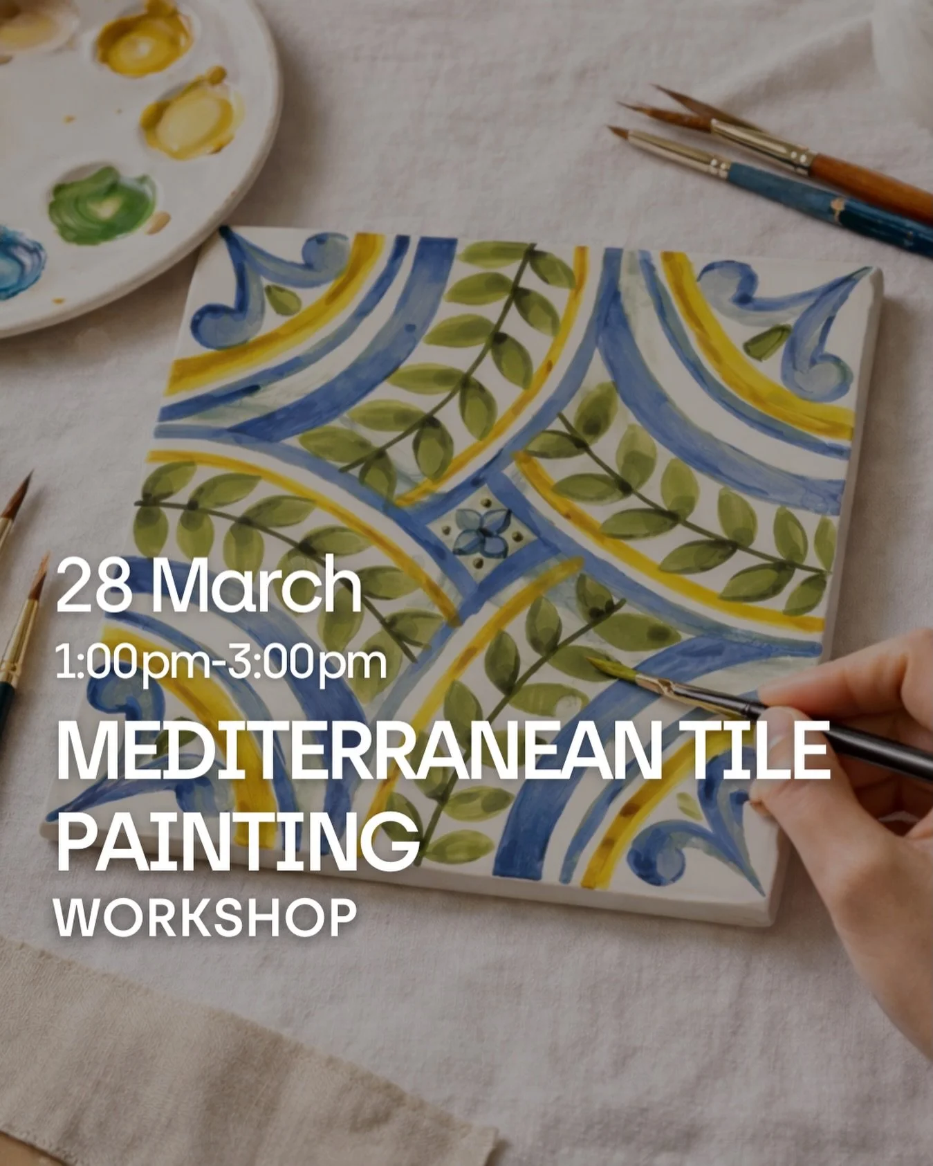 Join us! Explore the charm of Mediterranean Tile Painting at our upcoming workshop 💛
From sketch to brushwork, you&rsquo;ll create your own hand-painted ceramic tile inspired by traditional Mediterranean patterns and colors 🌿

All levels welcome!
C
