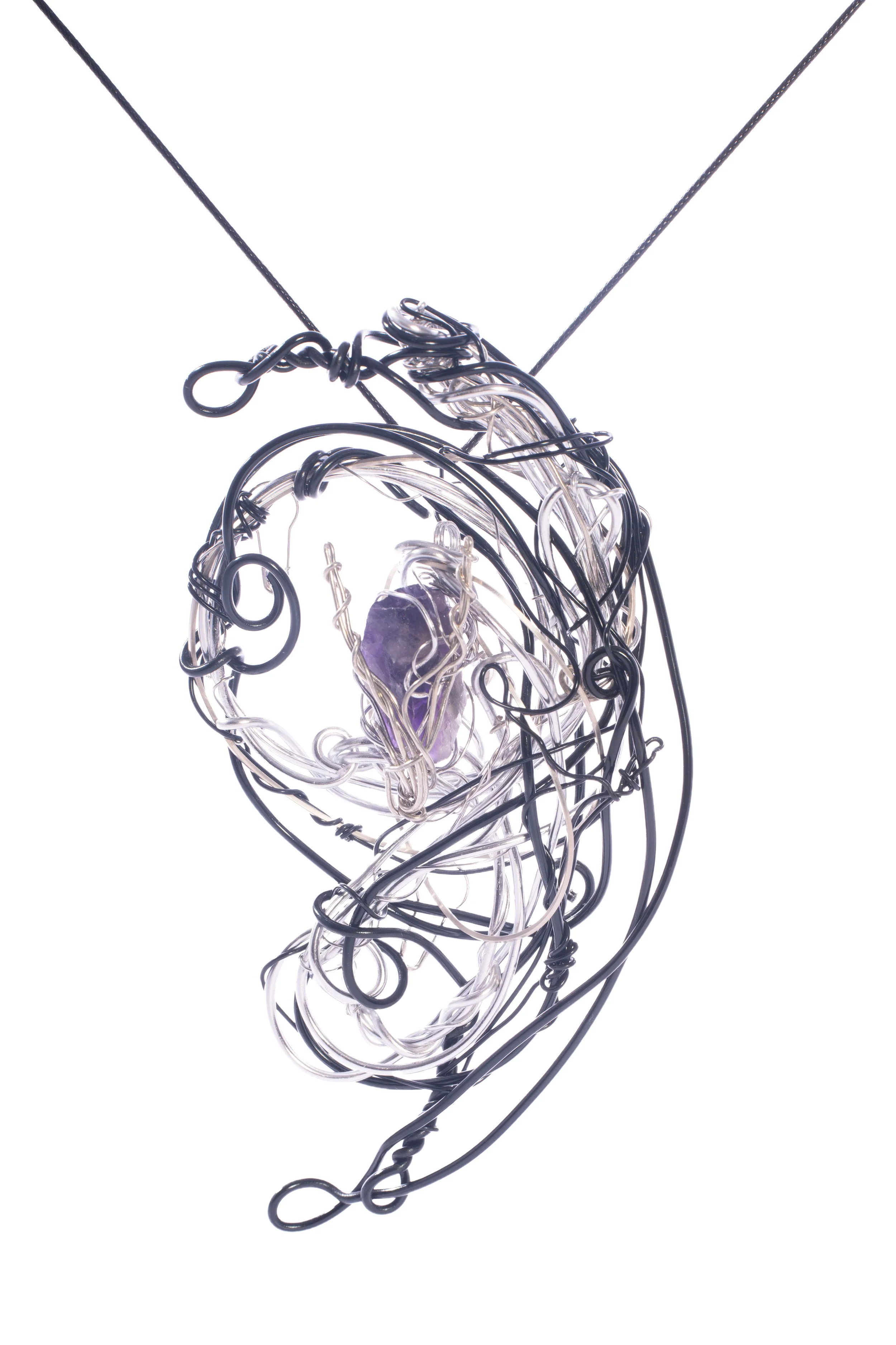 神御・九霄｜The Shenlong. One-off skeletal metal pendant. Amethyst held in silver and dark tone structure.