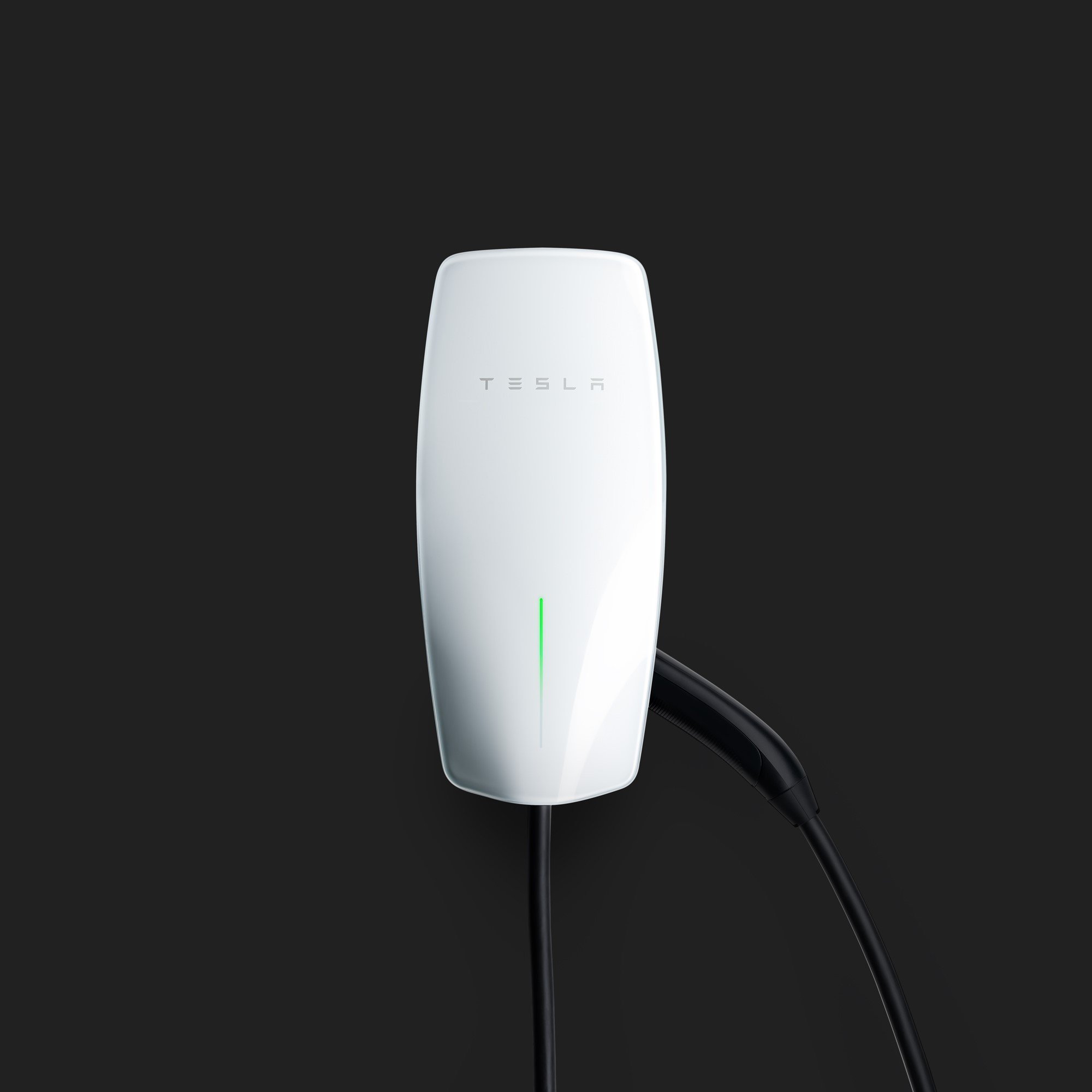 A white Tesla electric vehicle charging station with a green charging indicator on a black background.