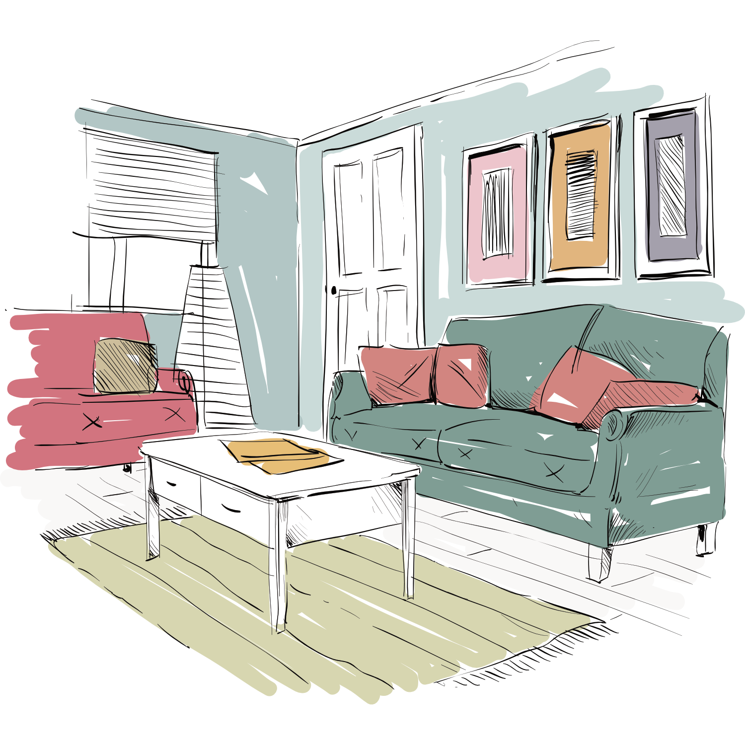 A colorful living room illustration with two sofas, a white coffee table, a floor lamp, and framed pictures on the wall.