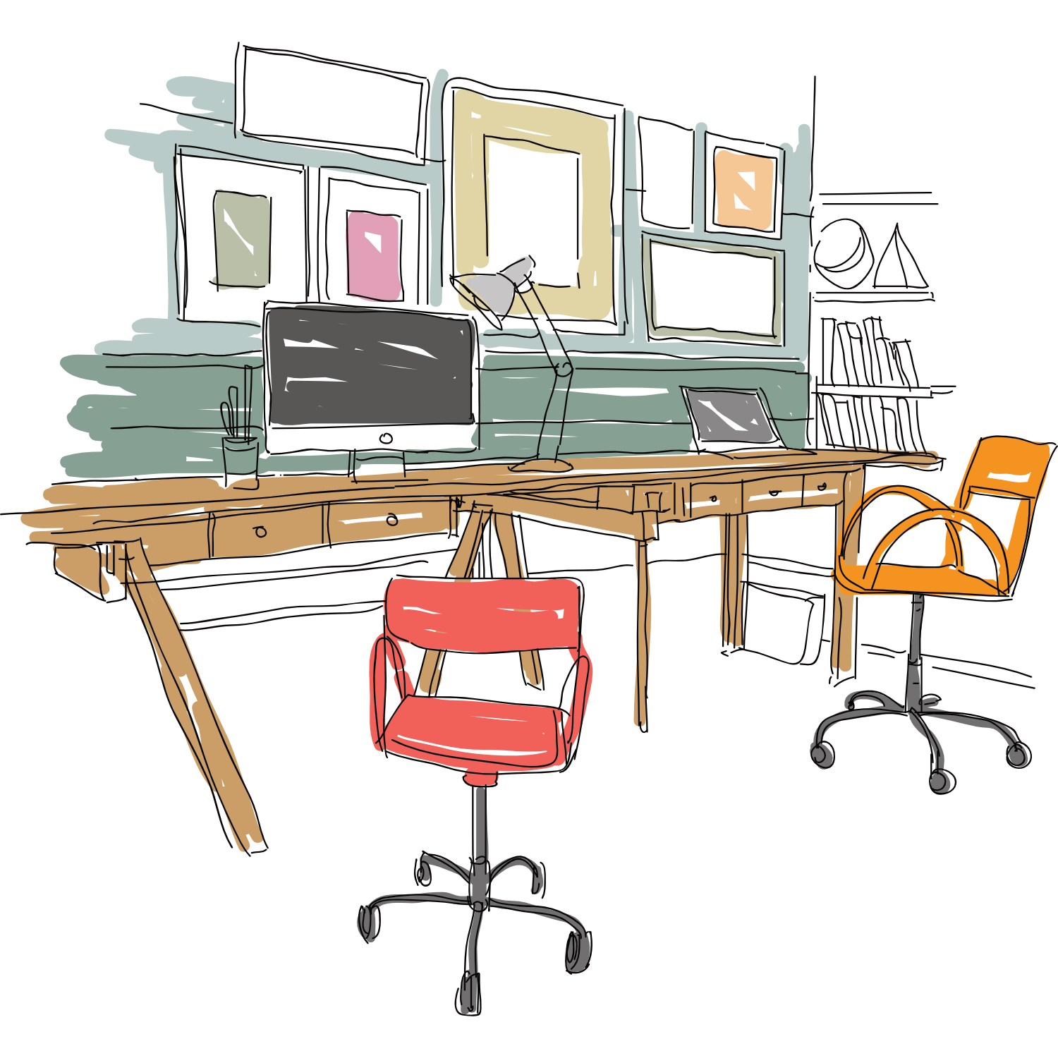 Drawing of a modern office workspace with a curved wooden desk, two colorful office chairs, computers, and shelves with framed artwork and books.
