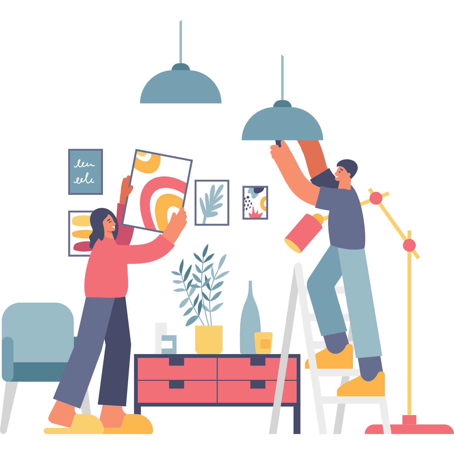 Two people arranging colorful abstract art on a wall, with a modern living room setting, including a red cabinet, houseplants, and additional artwork.