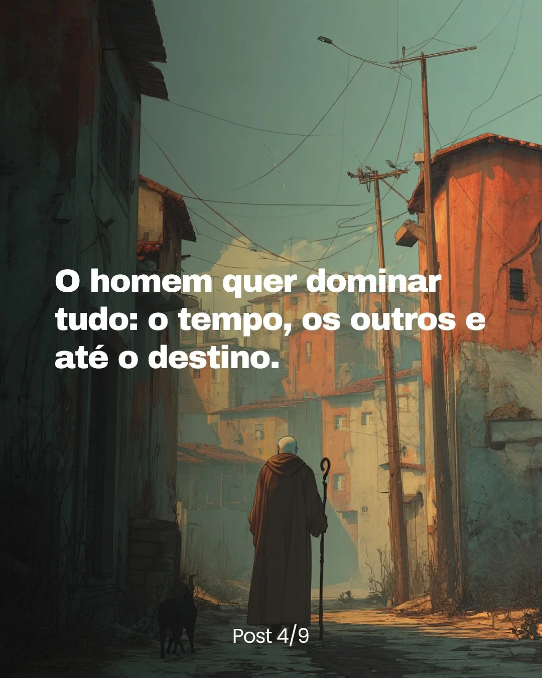 O homem moderno ergue imp&eacute;rios invis&iacute;veis.
Quer dominar o tempo, o corpo, a narrativa e os outros.
Mas esquece de vencer a batalha mais profunda:
a que trava dentro de si.

A sede de controle &eacute; doce no in&iacute;cio,
mas logo se 