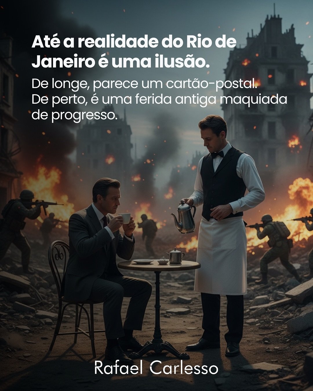 At&eacute; a realidade do Rio &eacute; uma ilus&atilde;o.

Por tr&aacute;s dos muros coloridos, ainda h&aacute; medo.
Por tr&aacute;s dos aplausos, ainda h&aacute; eco.

E enquanto o desespero consome milhares de vidas,
os respons&aacute;veis por ess