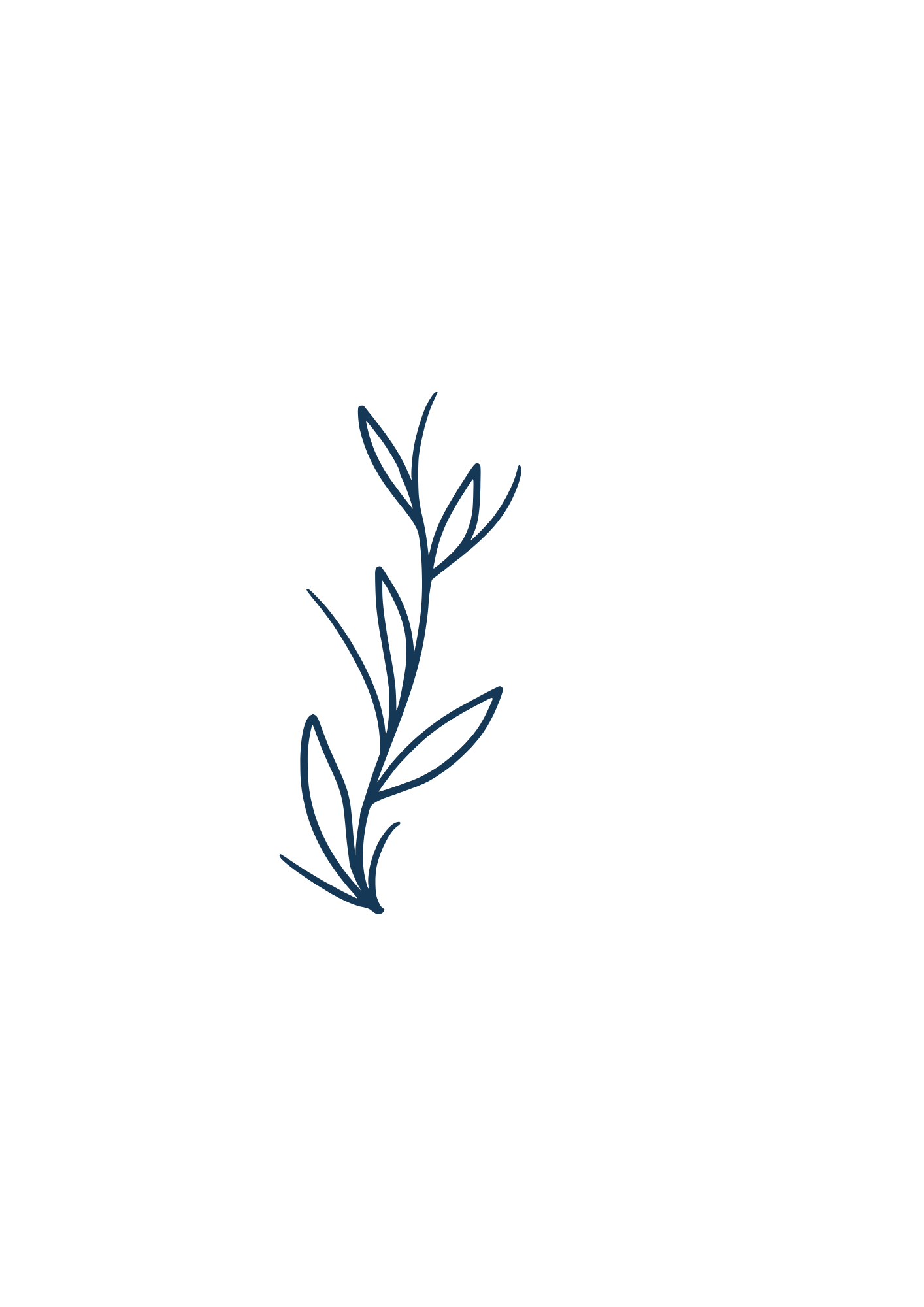 Stylized line drawing of a sprig with leaves, in dark blue