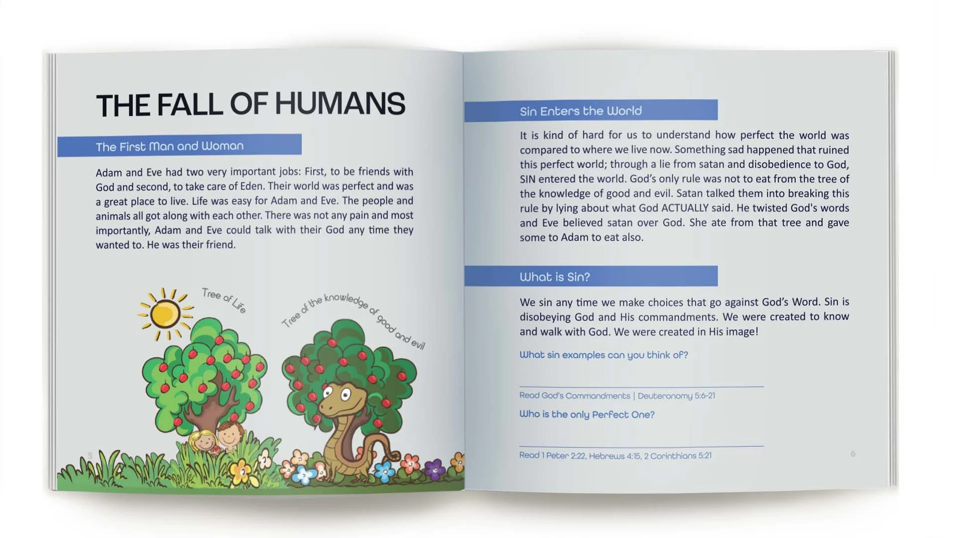 Colorful illustrated pages from a children's biblical storybook titled 'The Fall of Humans', depicting two trees labeled 'Tree of Life' and 'Tree of the knowledge of good and evil', with a sun shining above, and children playing beneath the trees.