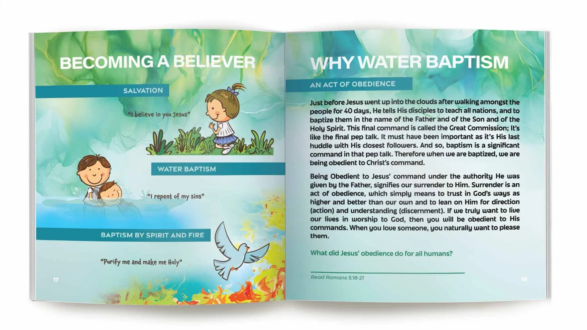 Children's Book on Water Baptism according to the Word of God, featuring colorful illustrations of children and dove, with text discussing the significance of baptism and obedience to Jesus' command.