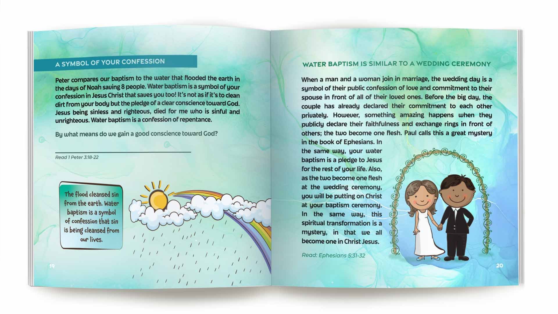 Book on Water Baptism according to the Word of God with two pages discussing baptism and marriage, featuring an illustration of a bride and groom holding hands under a decorative arch.