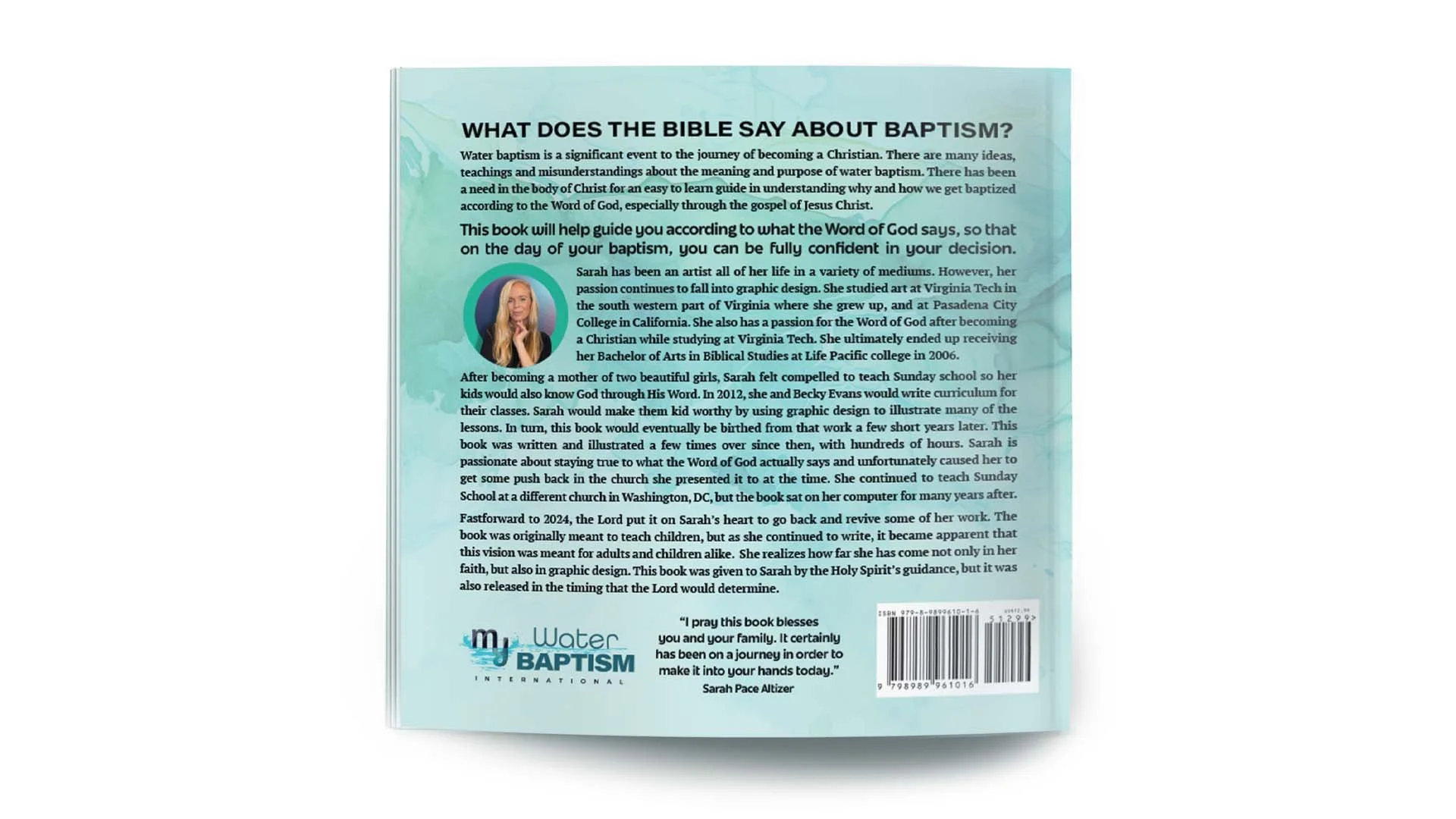Book on Water Baptism according to the Word of God, "What does the Bible say about baptism?" with a photo of a woman, a barcode, and a quote about the book's blessing.