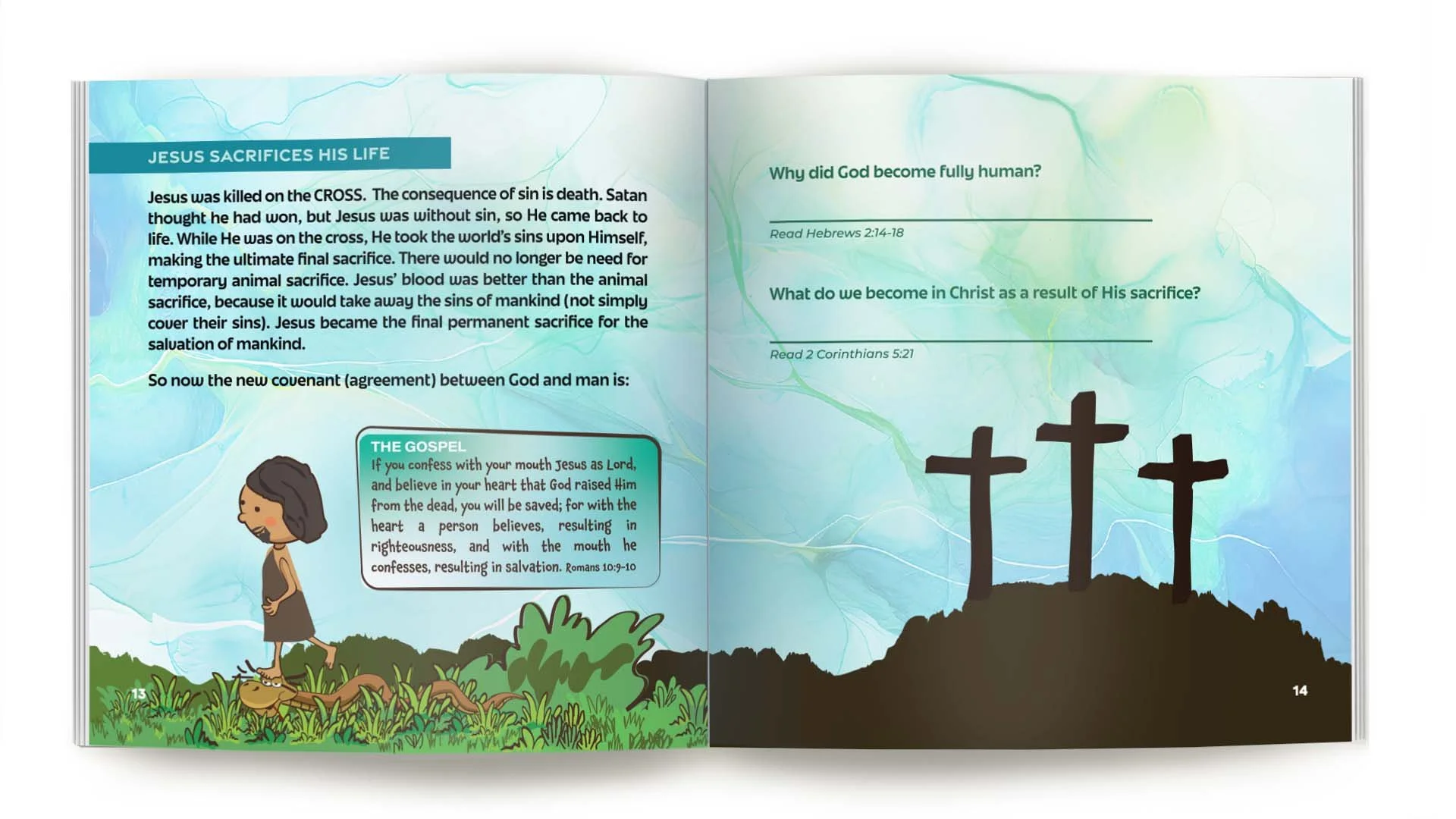 Book on Water Baptism according to the Word of God with illustrations of three crosses on a hill, a girl with dark hair in a gray dress walking with a dog on green grass, and blue watercolor backgrounds.