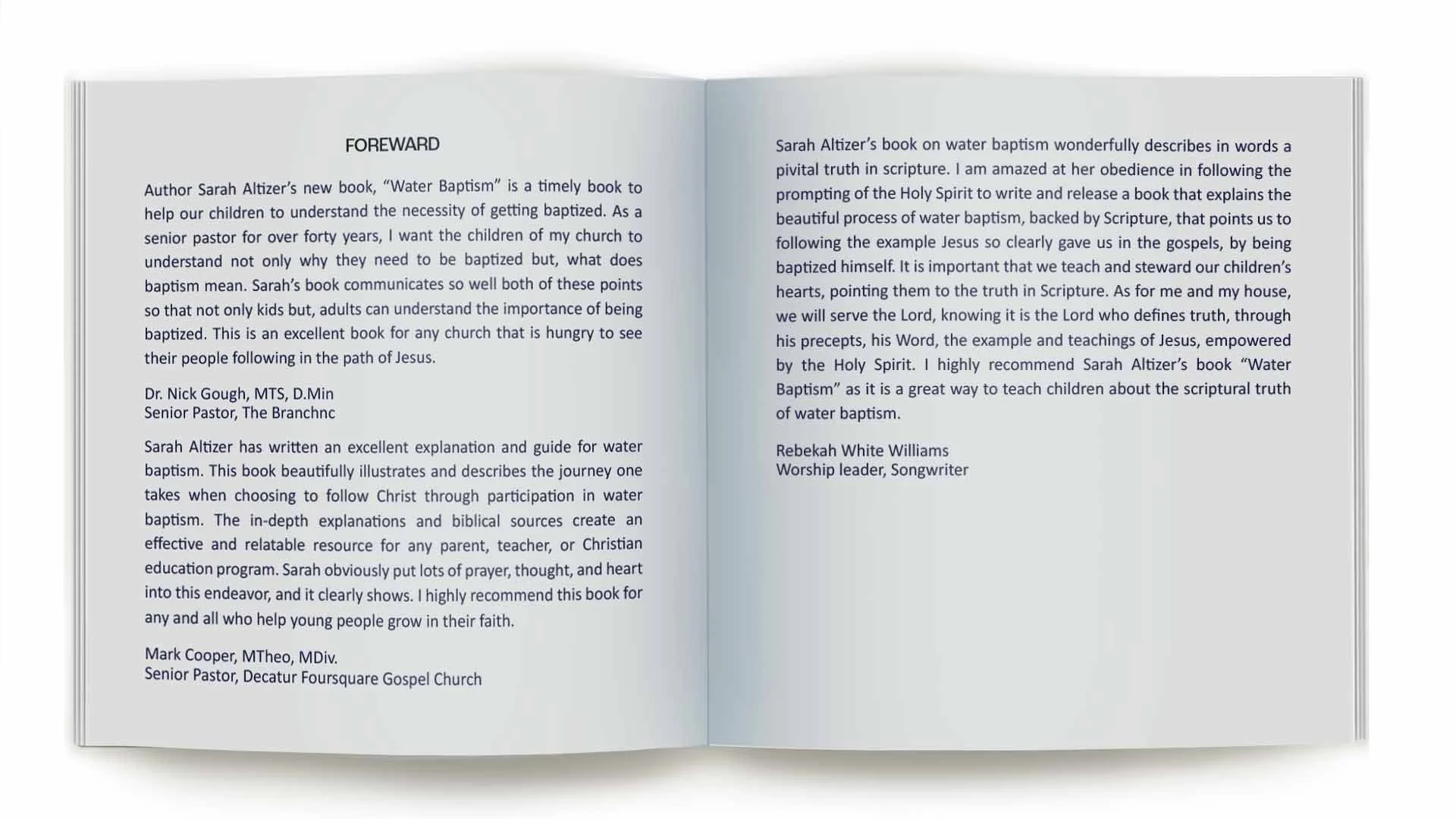 Book on Water Baptism according to the Word of God displaying two pages of text, with titles 'FOREWARD' and personal testimonies about a water baptism book.