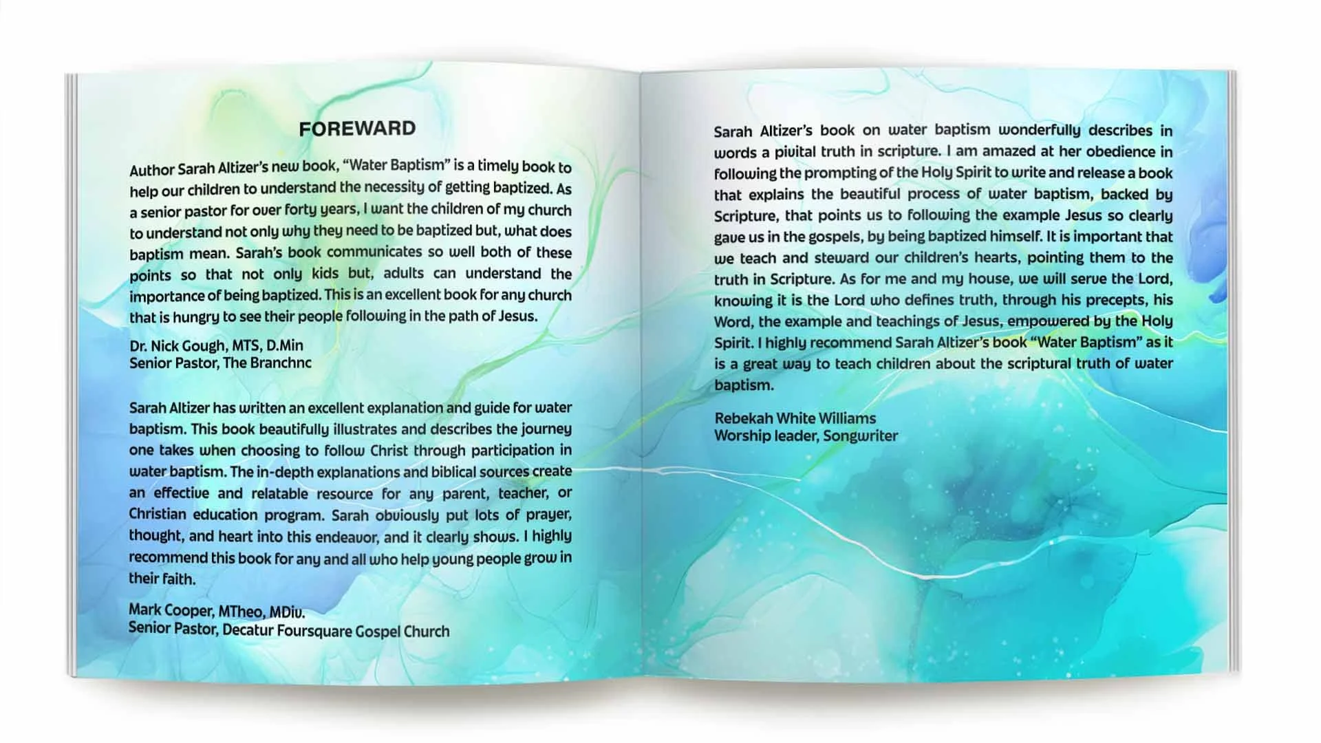 Open book with pages showing a foreword about water baptism, with water-colored background illustrations of leaves and water, and highlighted text emphasizing the importance of understanding scripture and spiritual growth.