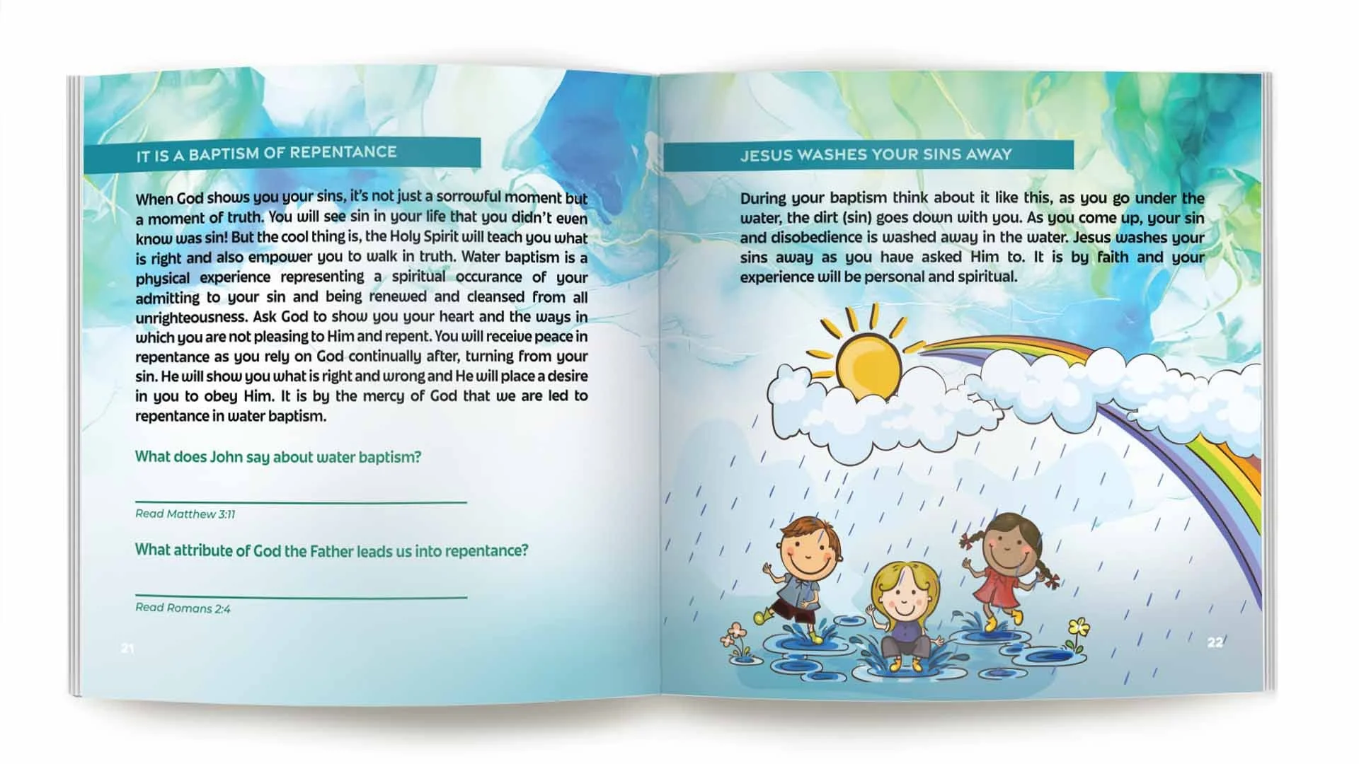 Book on Water Baptism according to the Word of God discussing baptism and Jesus washing sins away, with colorful illustrations of children playing in the rain under a rainbow with clouds, sun, and rainbow.