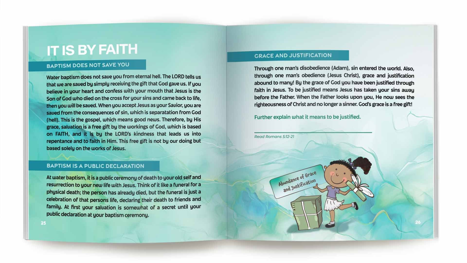 Open book with pages titled 'It Is By Faith' and 'Grace and Justification'; includes paragraph text on baptism, salvation, grace, and faith; illustration of a girl holding a sign saying 'Abundance of Grace and Justification' with a box nearby, smilin