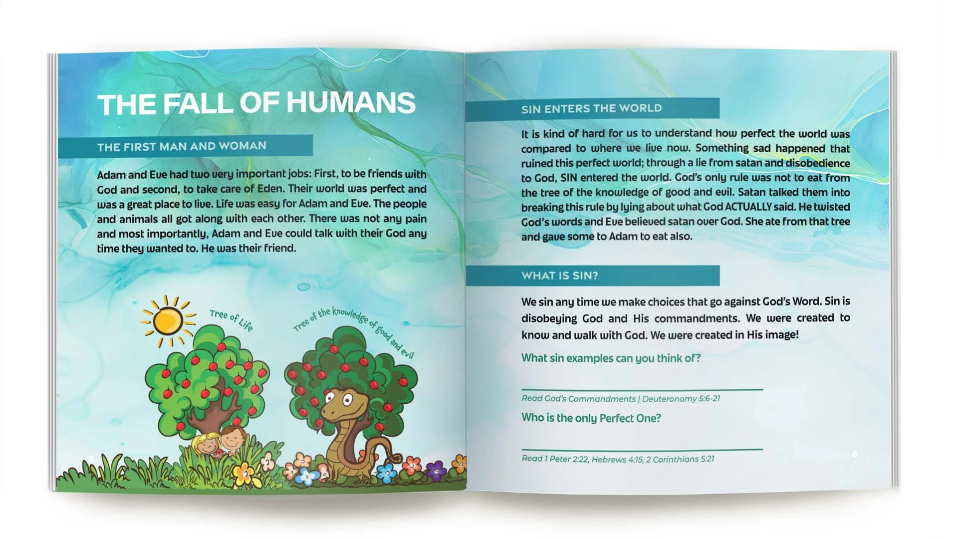 An illustrated children’s book page about the biblical story of Adam and Eve and the concept of sin, featuring cartoon trees, animals, and children in a garden setting.