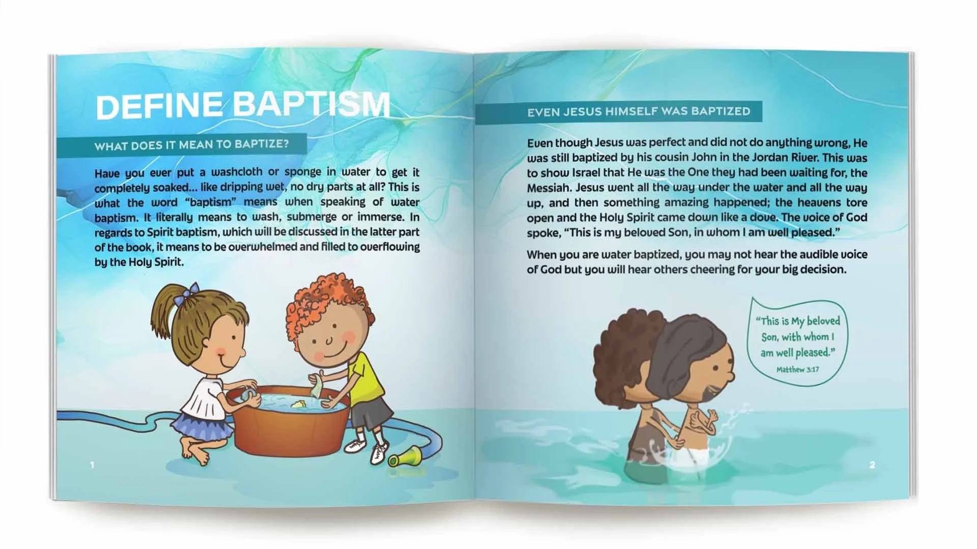 Children in watercolor-style illustration demonstrating baptism, with a girl and boy pouring water into a baptismal shell on the left, and a man and boy being baptized in water on the right, accompanied by Bible quote.