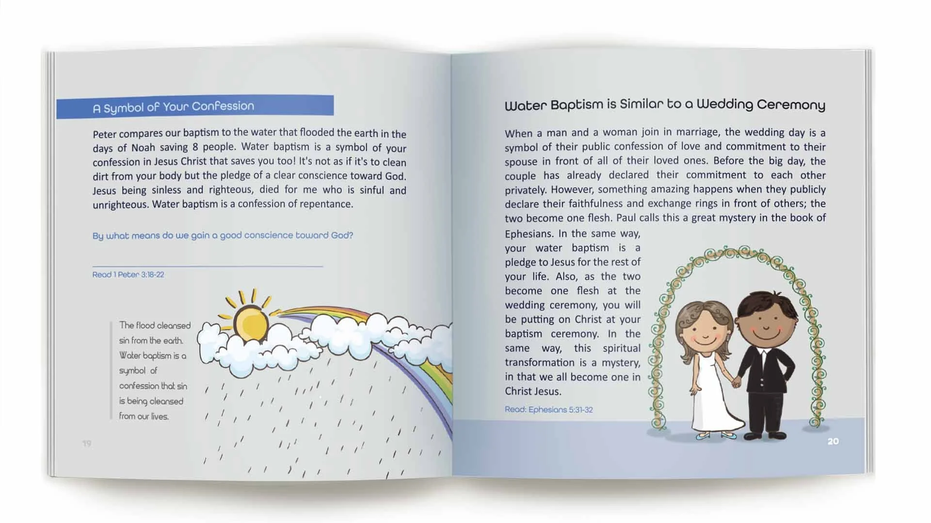 Book on Water Baptism according  to the word of God with religious content, including an illustration of a sun, clouds, rain, and a rainbow on the left page, and a cartoon of a bride and groom holding hands under a decorative arch on the right page.