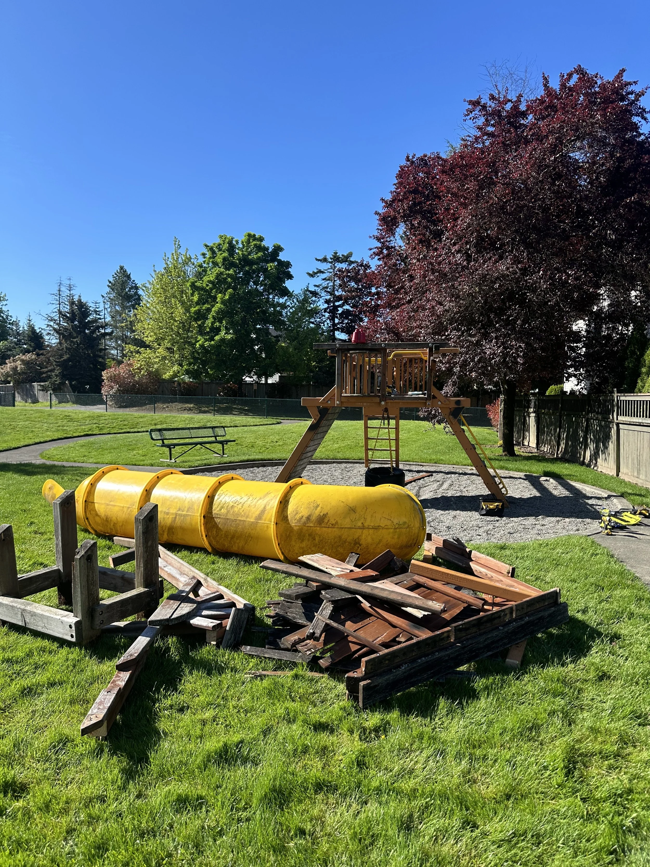 Tear-out progress — slide removed and major components dismantled, Puyallup WA.