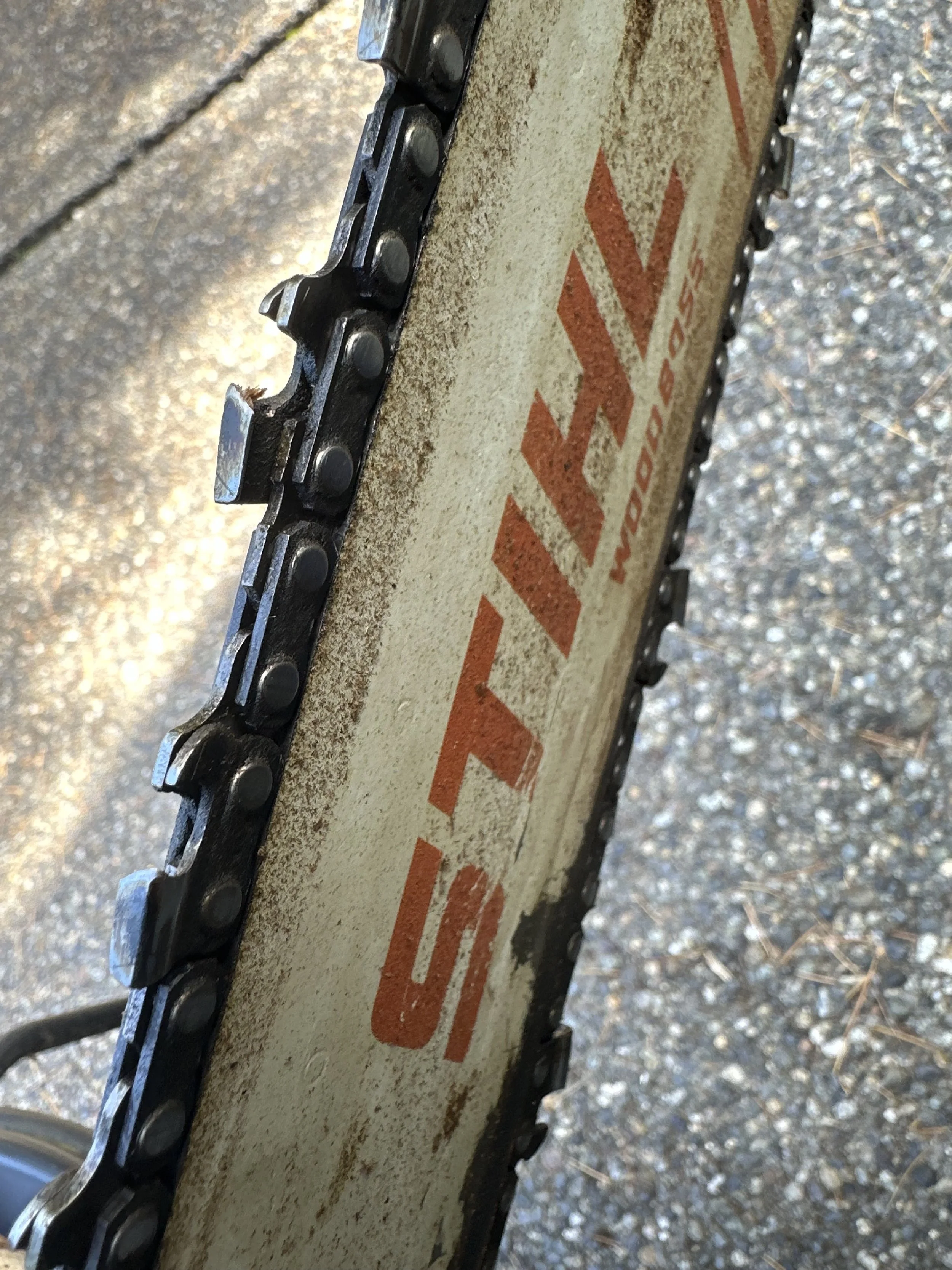 Before tear-down — sharpened chainsaw teeth ready for heavy cutting.